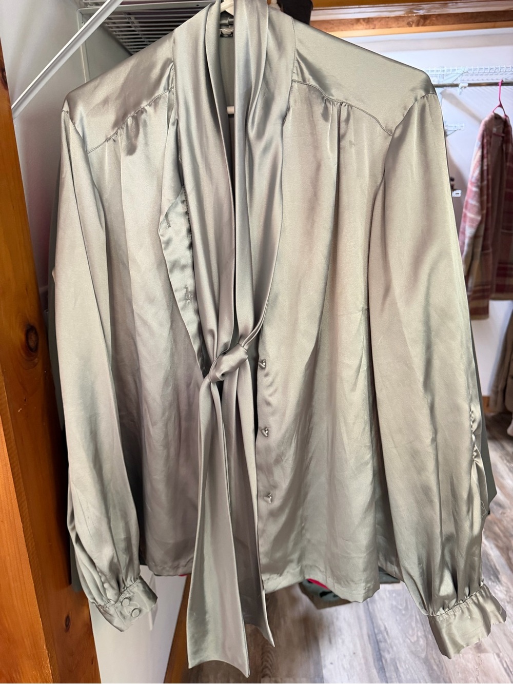Tie-Neck Satin Blouse in Silver Gray